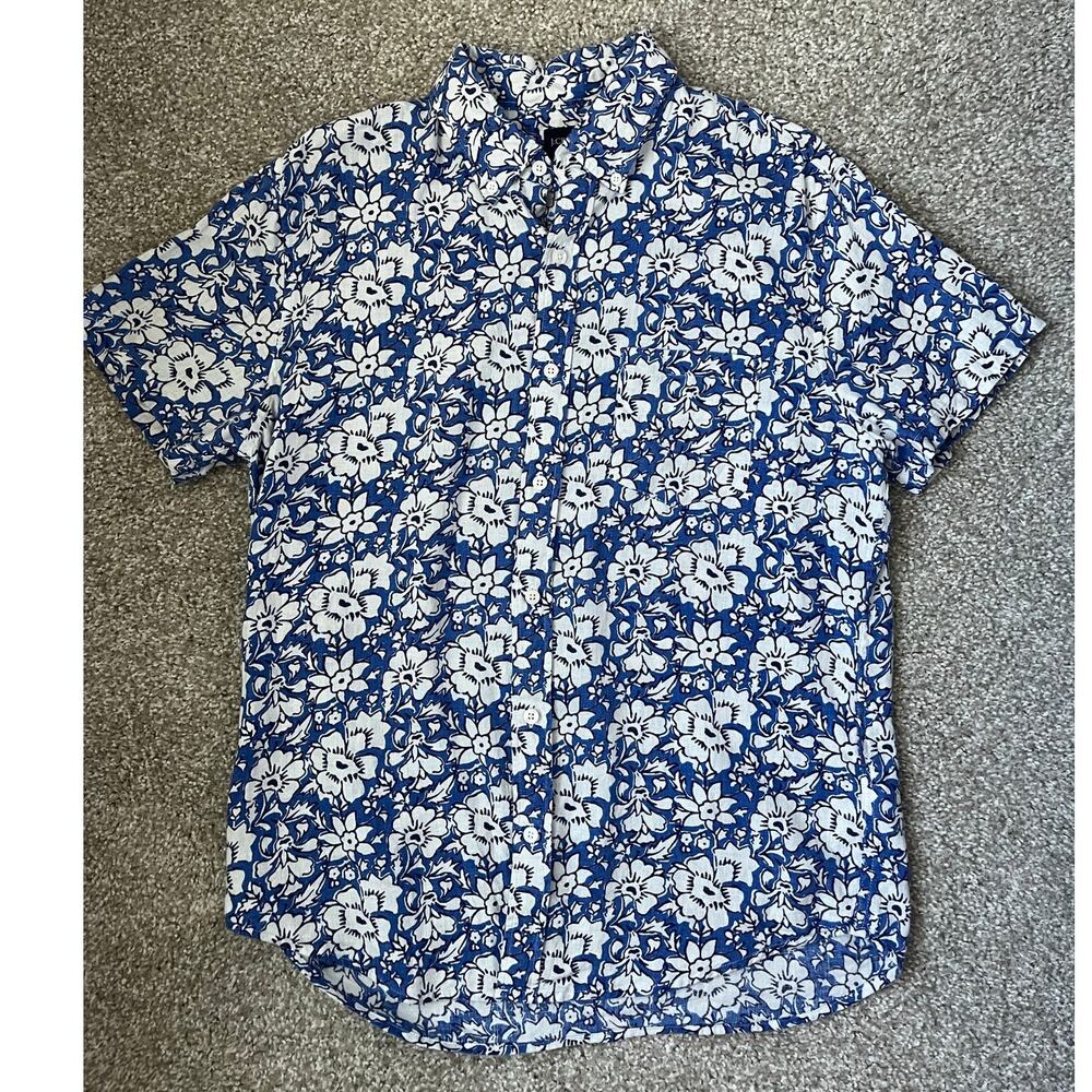 J. Crew Camp Shirt Blue Floral Short Sleeve Linen Blend Button Collar Medium